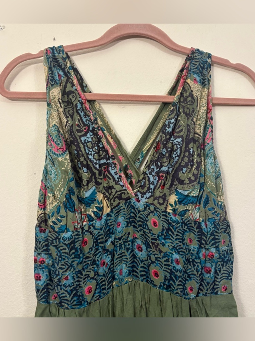 Angie Boho Paisley Patchwork Maxi Dress girls XL sage green boho-chic festival